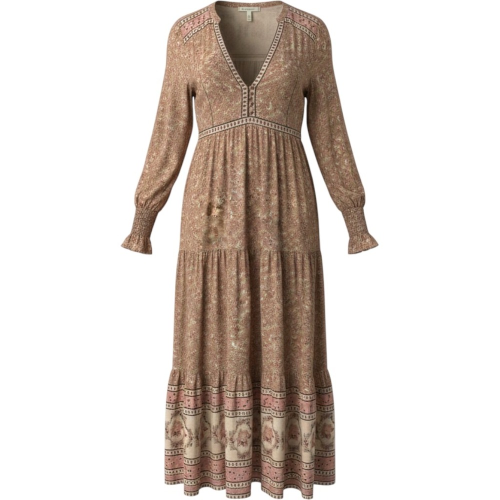 In Loom Floral Boho Maxi Dress Pink Tan V-Neck Smocked Sleeve Size L